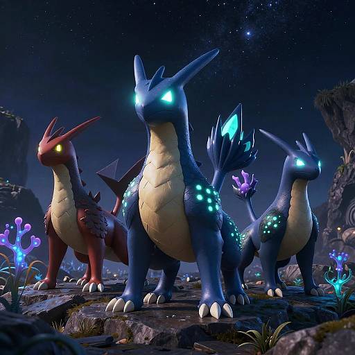CGI image of three glowing, dinosaur-like creatures with blue and red scales, bioluminescent markings, and sharp claws in a starry,