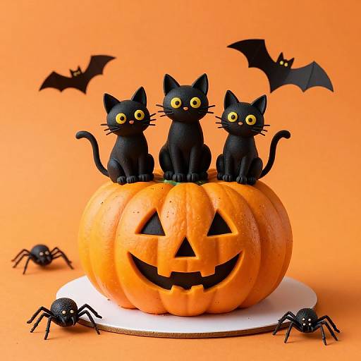 Photograph of a Halloween cake featuring three black cat toppers with yellow eyes, sitting on an orange jack-o'-lantern, surrounded by bats and