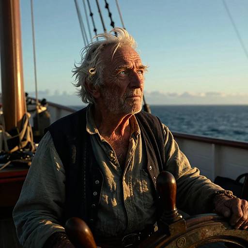 Photograph of an elderly, weathered man with white hair and beard, wearing a dark vest over a blue shirt, steering a ship at sunset,