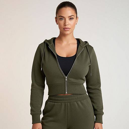 Photograph of a young woman with light brown skin, black hair in a bun, wearing an olive green zip-up hoodie and matching pants, black tank