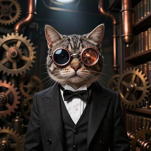 Steampunk-style photograph of a tabby cat wearing round, mismatched goggles and a black tuxedo with bow tie, set against a background