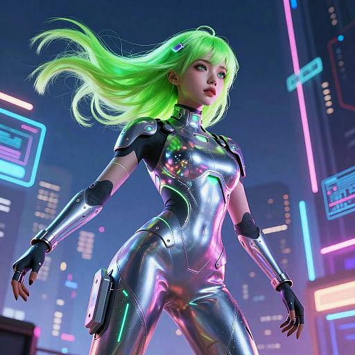 CGI image of a futuristic woman with neon green hair, wearing a shiny silver bodysuit, standing confidently in a neon-lit cityscape.
