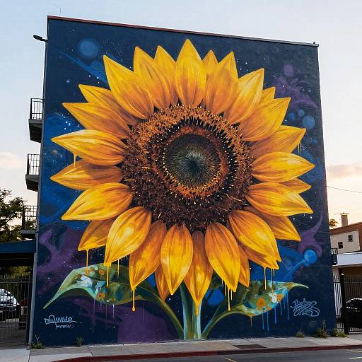 Sunflower Graffiti Mural at Dusk