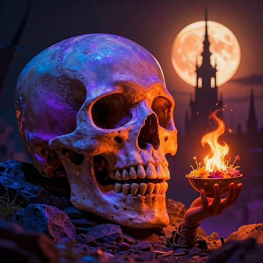 Photograph of a glowing, blue and orange skeletal skull holding a fiery torch, with a full moon and Gothic castle in the background.