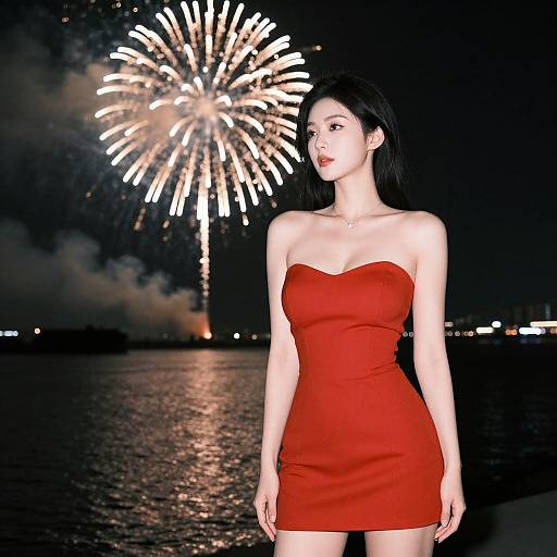 Photograph of an Asian woman with long black hair in a strapless red dress, standing by a lake at night with vibrant fireworks in the dark sky