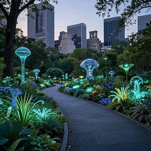 Photograph of a glowing city garden at dusk, featuring illuminated blue and green plants, sculptures, and pathway, with tall skyscrapers in the background
