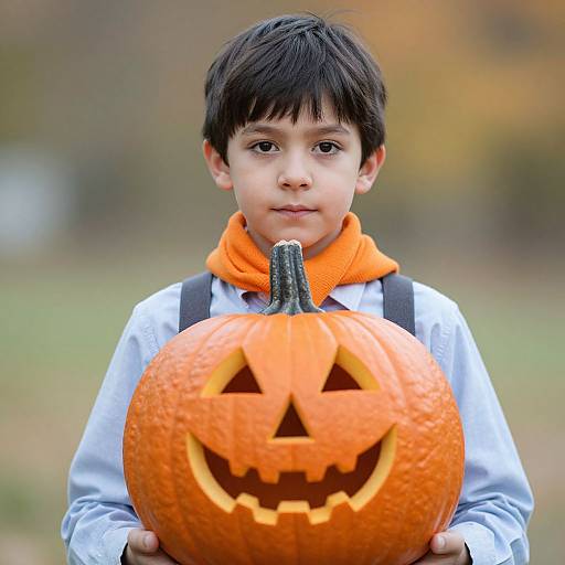 Photograph of a young boy with dark hair, wearing an orange scarf and white shirt, holding a carved, orange pumpkin with a jack-o'-lan