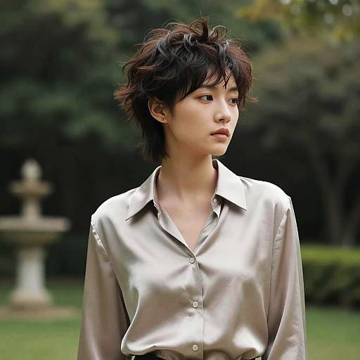 Photograph of an androgynous Asian person with short, messy black hair, wearing a shiny, silver button-up shirt, standing in a blurred