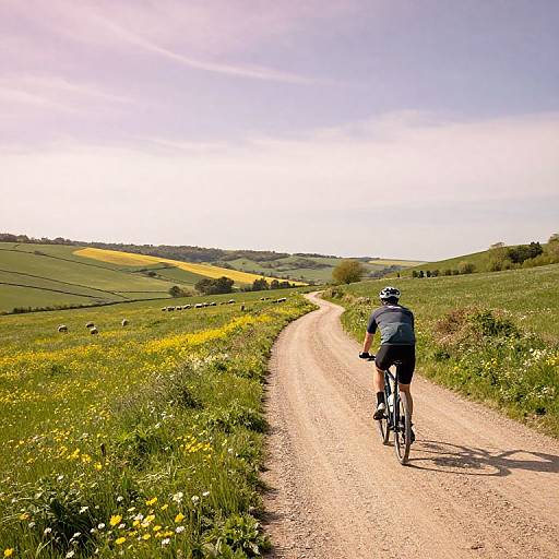 Photograph of a cyclist in a blue shirt and black pants riding a gravel path through a sunlit, green, and yellow meadow with rolling hills