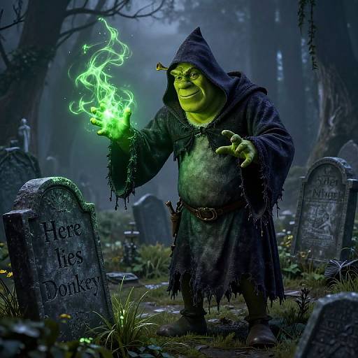 Digital illustration of a green-skinned, hooded, grinning ogre casting glowing green magic in a dark, eerie graveyard with mossy tombstones