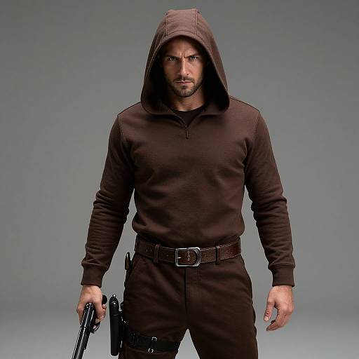 Photograph of a muscular man with a serious expression, wearing a black hooded sweatshirt, brown pants, and belt, holding a gun, against