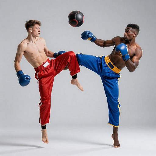 Dynamic Kickboxers in Mid-Air Action