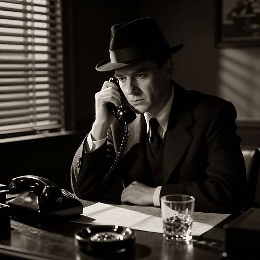 Black-and-white photograph of a serious, pensive man in a suit and fedora, talking on a vintage rotary phone, with blinds and glass of