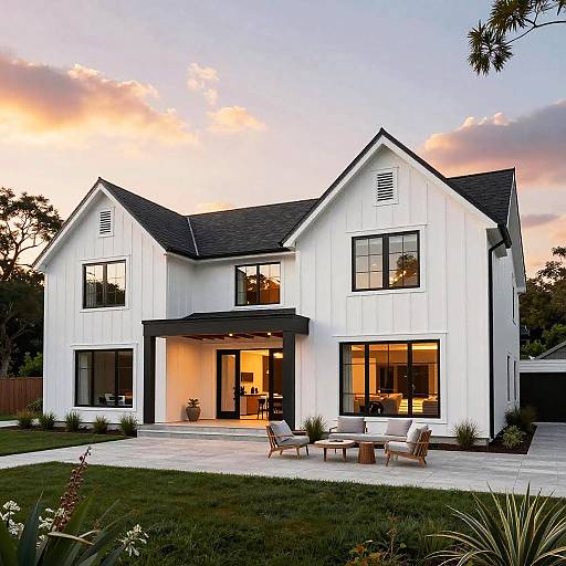 Photograph of a modern, white, two-story house with black trim at sunset. Features large windows, outdoor seating area, and lush green lawn.