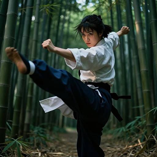 Photograph of an Asian martial artist with black hair in a white gi and black belt, performing a high kick in a bamboo forest. Intense expression