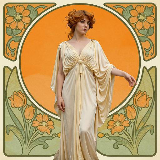Art Nouveau Woman in Cream Gown