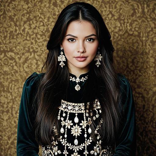 Elegant Woman in Ornate Dress and Jewelry