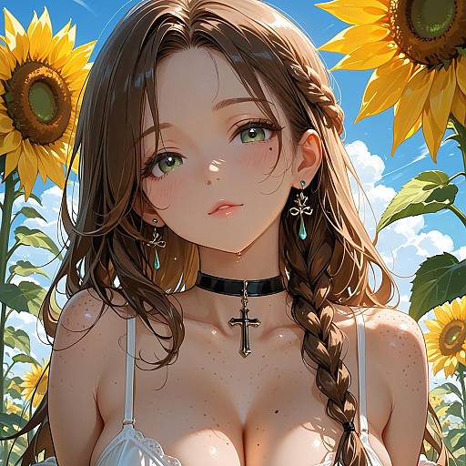 Anime Girl with Sunflowers and Braided Hair