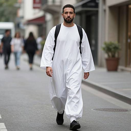 Photograph of a bearded man with short black hair, wearing a white traditional robe and black shoes, walking down a city street with a black backpack