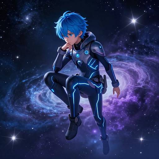 Digital anime-style artwork of a blue-haired, blue-eyed male character in a glowing black futuristic suit, floating amid a cosmic background with swirling nebulae
