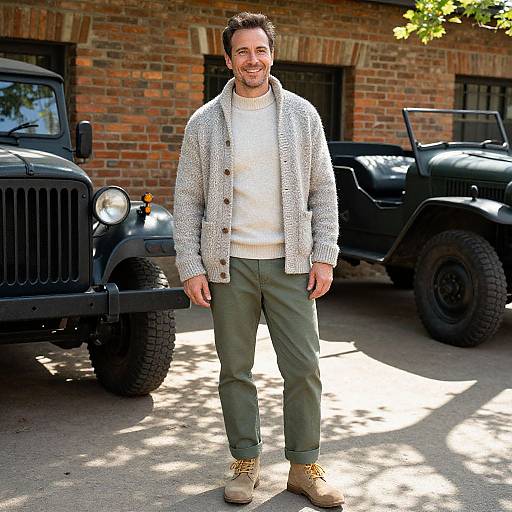 Photograph of a smiling man with short dark hair, wearing a gray knit cardigan, white shirt, green pants, and beige boots, standing between