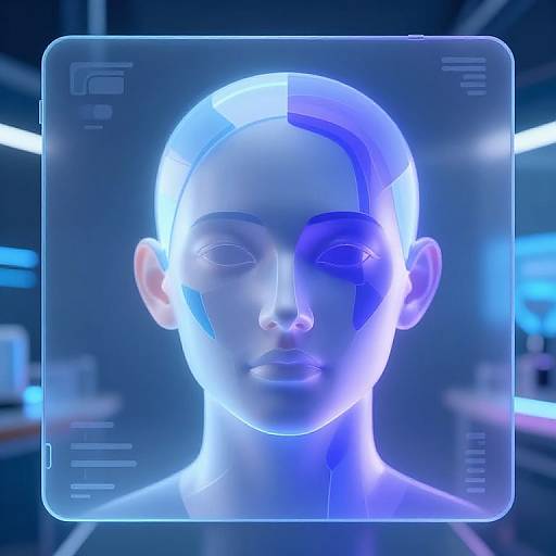 Digital CGI image of a glowing blue, futuristic, faceless human head with closed eyes, framed by a transparent square with tech symbols, set against a