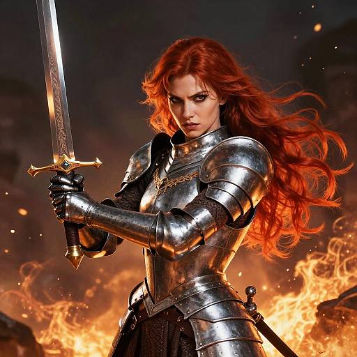 Photorealistic digital art of a fierce red-haired woman in shining silver armor, holding a sword, standing amid fiery flames.