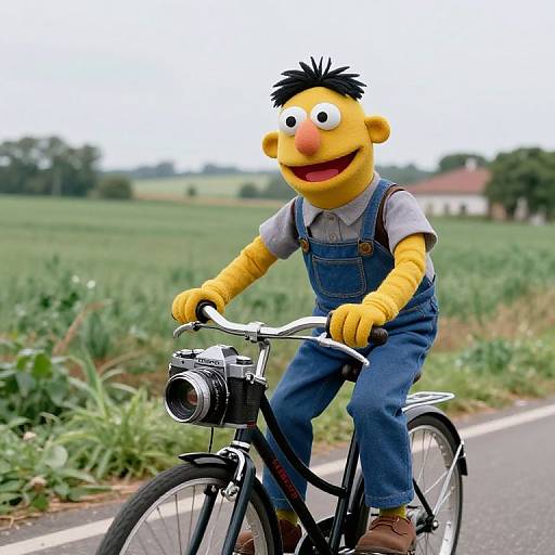 Photograph of a yellow, smiling Elmo-like character in blue overalls and white shirt riding a black bicycle on a rural road.