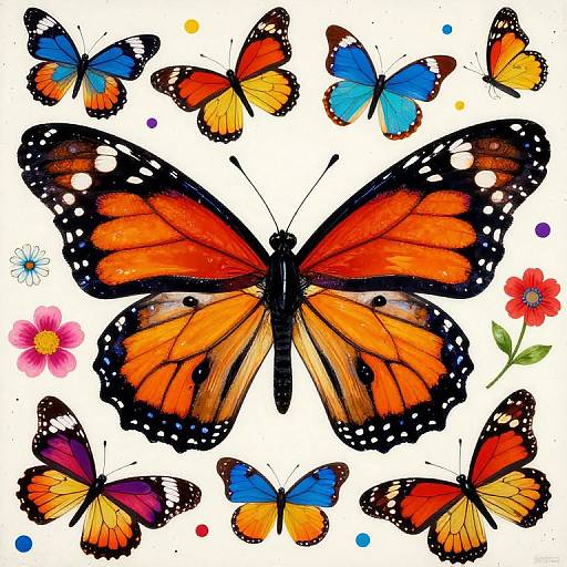 Vibrant digital illustration of various butterflies, including orange monarchs and blue ones, surrounded by colorful dots and small flowers.