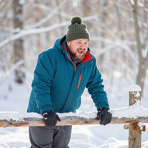 Photograph of a bearded man in a teal winter jacket, green knit hat, and black gloves, laughing while leaning on a snow-covered wooden fence