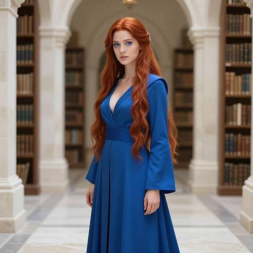 Digital illustration of a fair-skinned woman with long red hair, wearing a blue V-neck dress, standing in a library with arched white pillars and