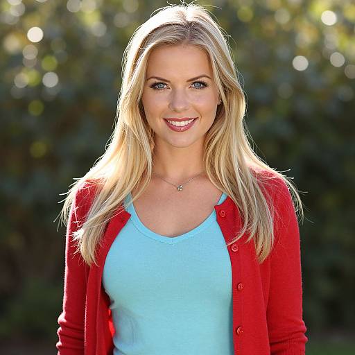 Photograph of a smiling blonde woman with blue eyes, wearing a red cardigan over a light blue top, standing outdoors with a sunlit, blurred