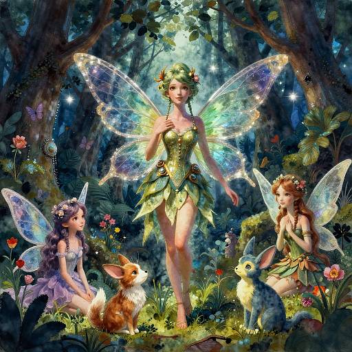 Digital fantasy artwork of three fairy women with glowing wings in a lush forest, surrounded by flowers, a rabbit, and a blue owl.