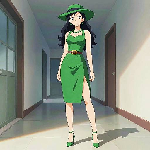 Anime-style drawing of a black-haired woman in a green dress, hat, and heels, standing in a sunlit hallway.