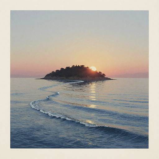 Serene Island at Sunset in Minimalist Chromolithography