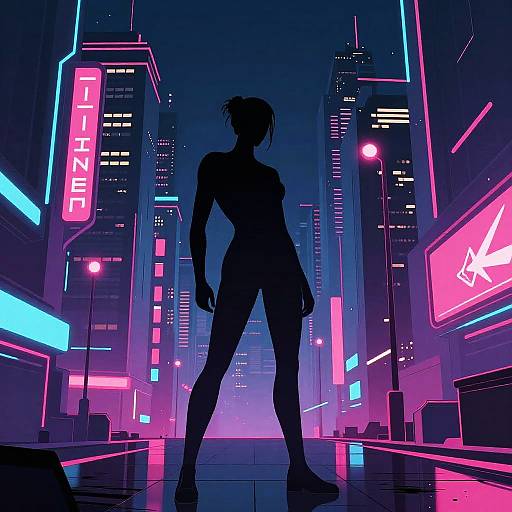 Silhouetted female figure in neon-lit cyberpunk cityscape, glowing pink and blue lights, tall skyscrapers, 