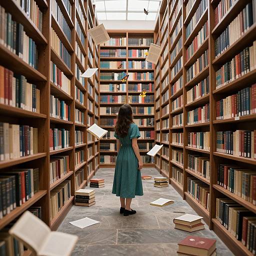 Photograph of a woman in a teal dress, standing in a wooden library aisle, reaching for books with floating papers.