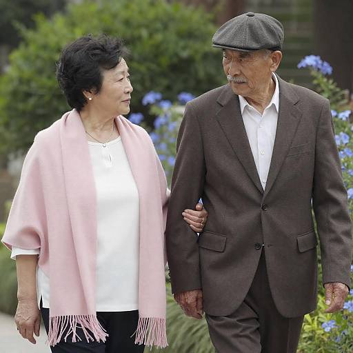 Elderly Couple Strolling Through Flower Garden