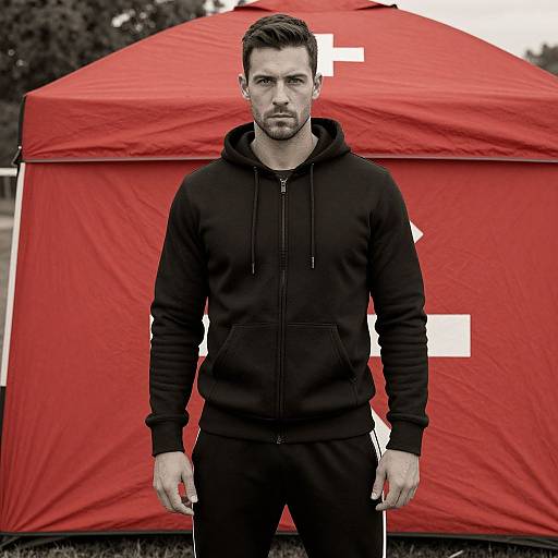 Photograph of a handsome, bearded man in a black hoodie and pants standing in front of a large red tent with white letters.