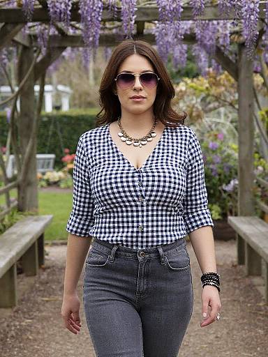 Photograph of a curvy woman with medium skin, brown hair, wearing sunglasses, black-and-white checkered top, high-waisted jeans,
