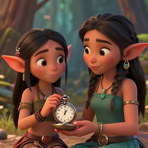 CGI image of two elf-like girls with dark hair, large ears, and brown skin, examining a pocket watch in a forest. One wears a
