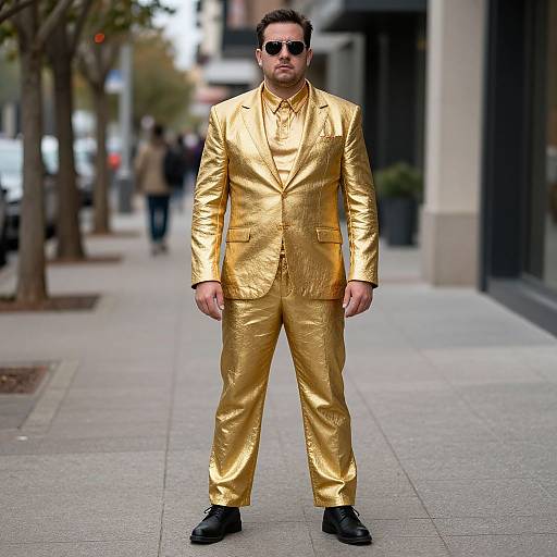 Photograph of a man in a shiny gold suit, black shoes, and sunglasses, standing confidently on a city sidewalk.