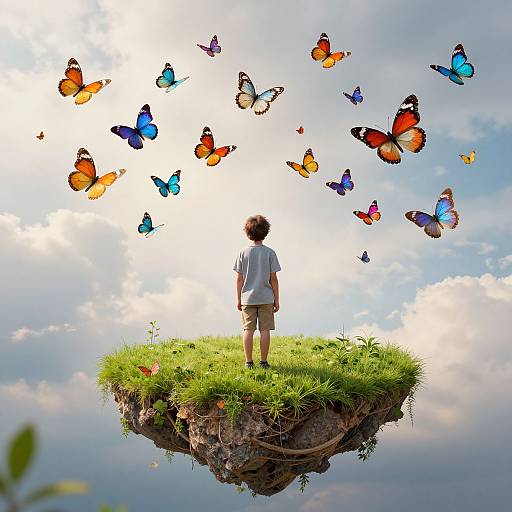 Photograph: Boy in white shirt and beige shorts stands on floating grassy island, surrounded by colorful butterflies against a bright, cloudy sky.