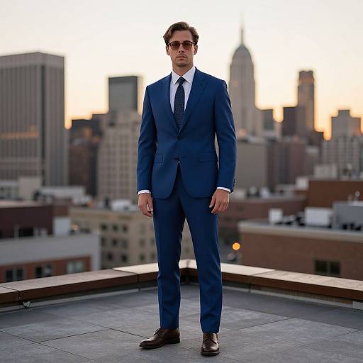Dapper Man in Blue Suit at Sunset
