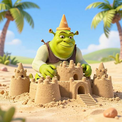 CGI image of a green, chubby, smiling ogre with a cone hat building a detailed sandcastle on a sunny beach with palm trees.