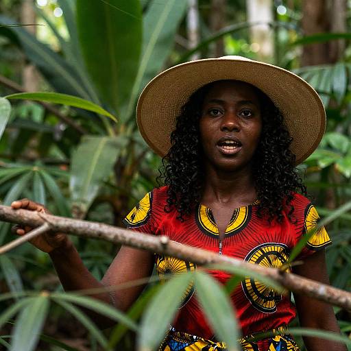 Black Woman in Wide-Brimmed Hat in Jungle