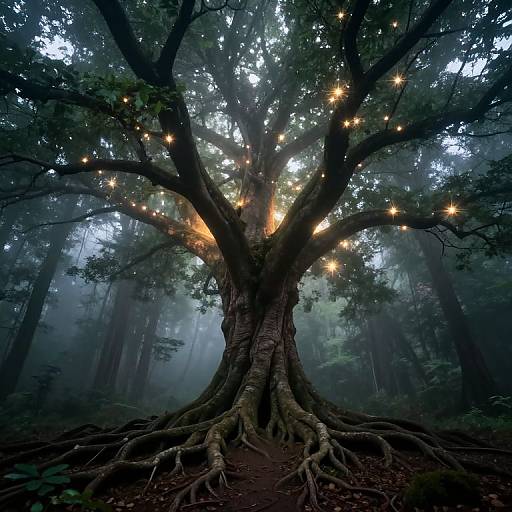 Photograph of a majestic, ancient tree in a misty forest, illuminated by glowing fairy lights, showcasing its massive trunk and sprawling branches.