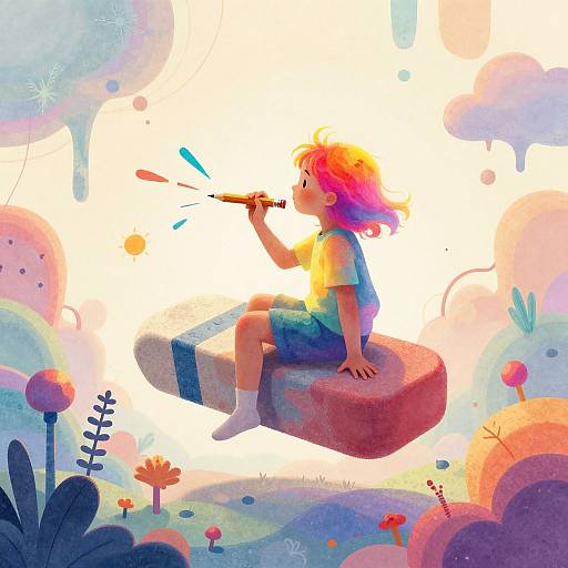 Digital painting of a child with pink hair, wearing a yellow shirt and blue shorts, sitting on a red cloud, blowing a whistle in a vibrant,