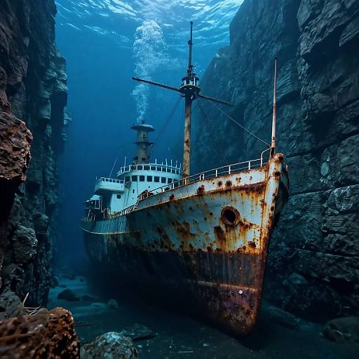 Photograph of a rusted, abandoned shipwreck trapped in a narrow, dark underwater cave with sunlight filtering through the blue water above.