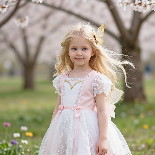 Photograph of a blonde, blue-eyed little girl with a yellow butterfly hair clip, wearing a white lace dress with pink sash, standing in a